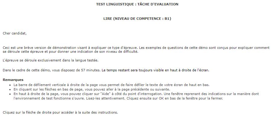 Test linguistique informatisé du Selor: lire niveau de compétence B1