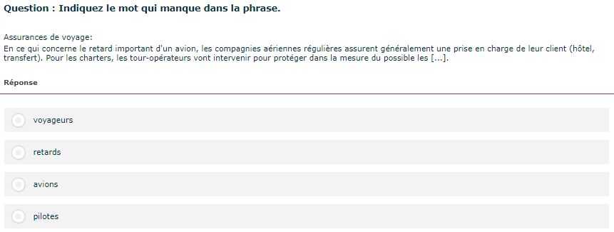 Test linguistique informatisé du Selor: indiquez le mot adéquat pour compléter la phrase