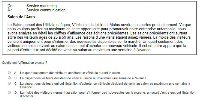 Test de capacité de raisonnement verbal du Selor : Exemple de compréhension de texte (QCM)