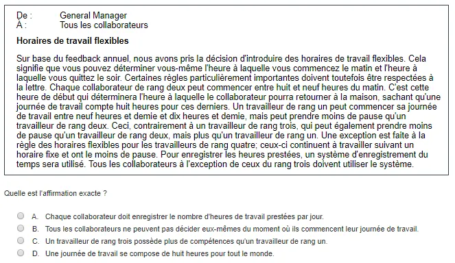 Test de capacité de raisonnement verbal du Selor : Exemple de compréhension de texte (QCM)